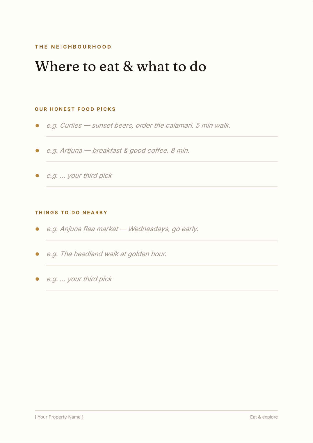 Welcome book template inside page — where to eat and what to do